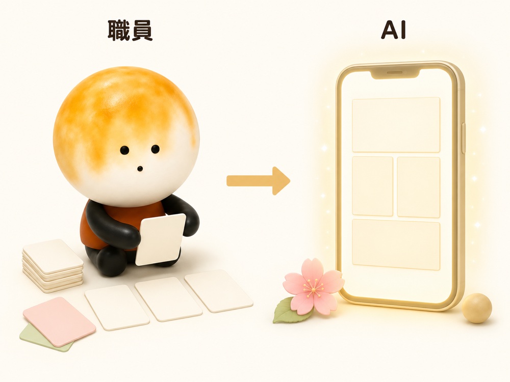 事実を決める職員と、文章を整えるAIの役割分担を左右に分けたイラスト