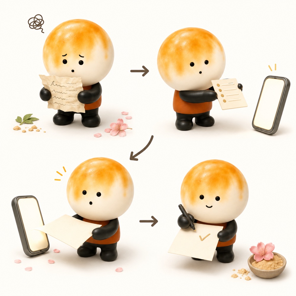 走り書きのメモ、AIへの依頼、できあがった下書き、職員の確認という4つの段階を並べたイラスト